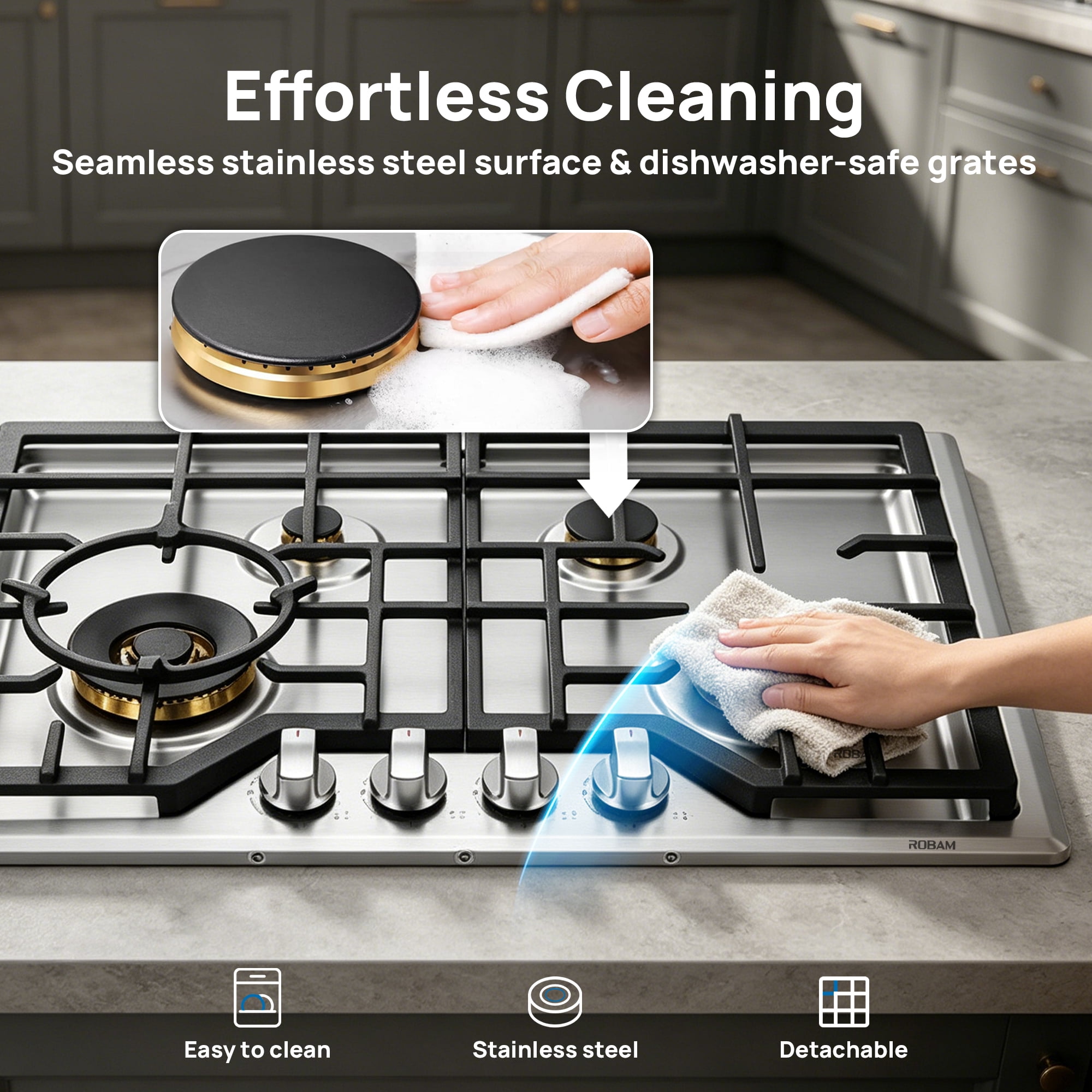 ROBAM 30" Gas Cooktop G413, 4 Made in Italy Brass Burners, 304 Stainless Steel Built-in Gas Stove, 20,000 BTUs Power Burner, Dual Fuel NG/LPG Convertible, Flame Failure Protection