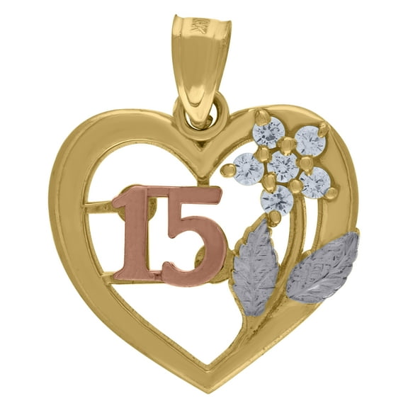 10kt Gold Tri-Color Cubic-Zirconia Womens 15 Anos Heart Charm Pendant