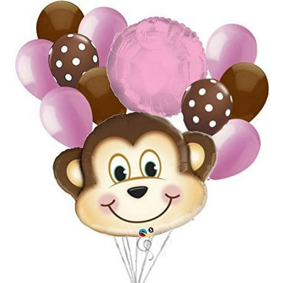 12pc Mischievous Monkey Balloon Bouquet Party Decoration Baby Girl Birthday Pink