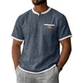 thumbnail image 3 of Cotton Linen Shirts for Men Short Sleeve Collarless Button Henley Shirt Casual Beach Oversized T-Shirts with Pockets,Navy,S, 3 of 8