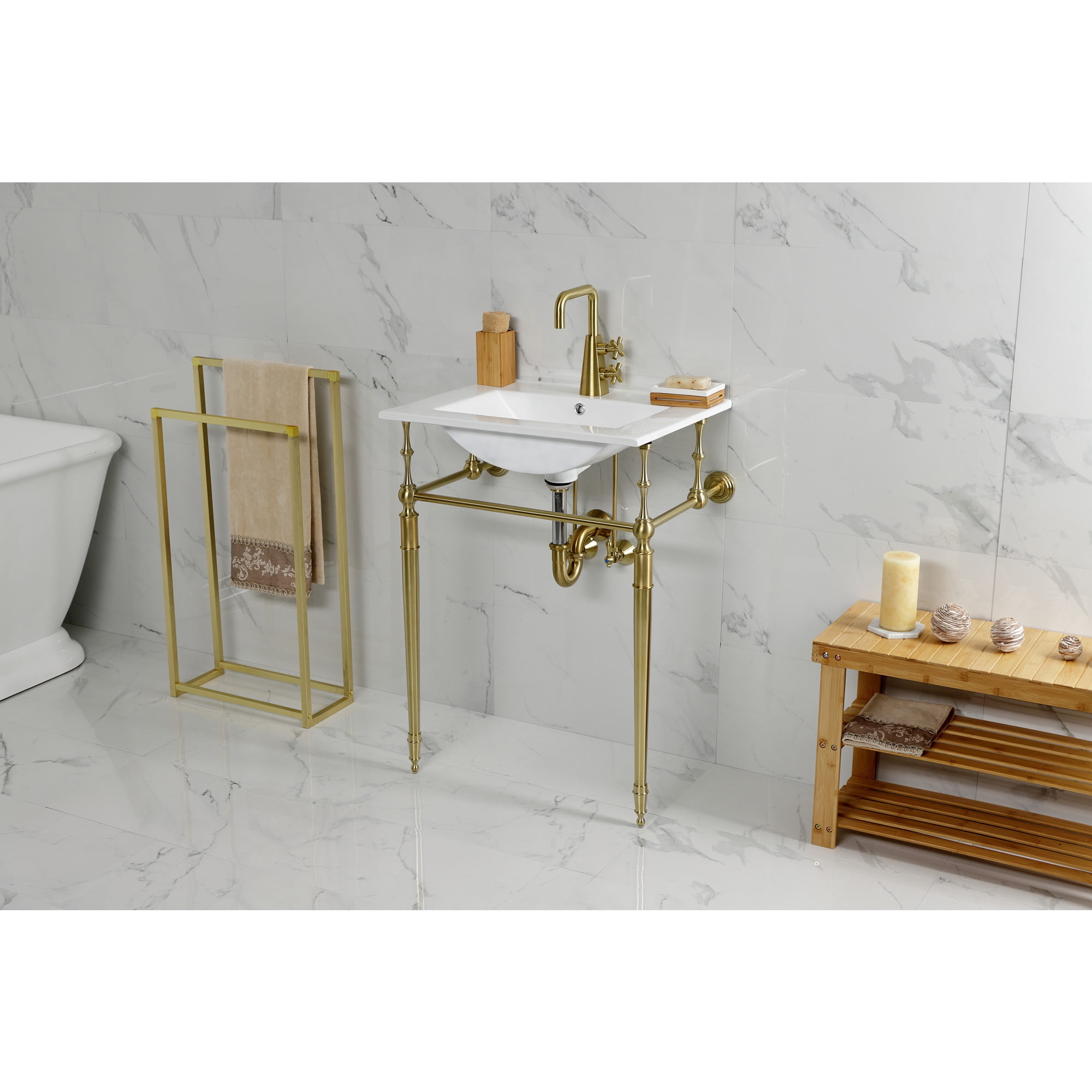 Kingston Brass KVPB24187W1BB Edwardian 24" Ceramic Console Sink with Brass Legs (1-Hole), White/Brushed Brass