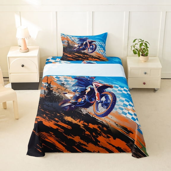 Castle Fairy Motocross Style Dirt Bike Twin Sheet Sets 3pcs for Boys, Checkered Flag Art Bedding for Bedroom, Orange Blue