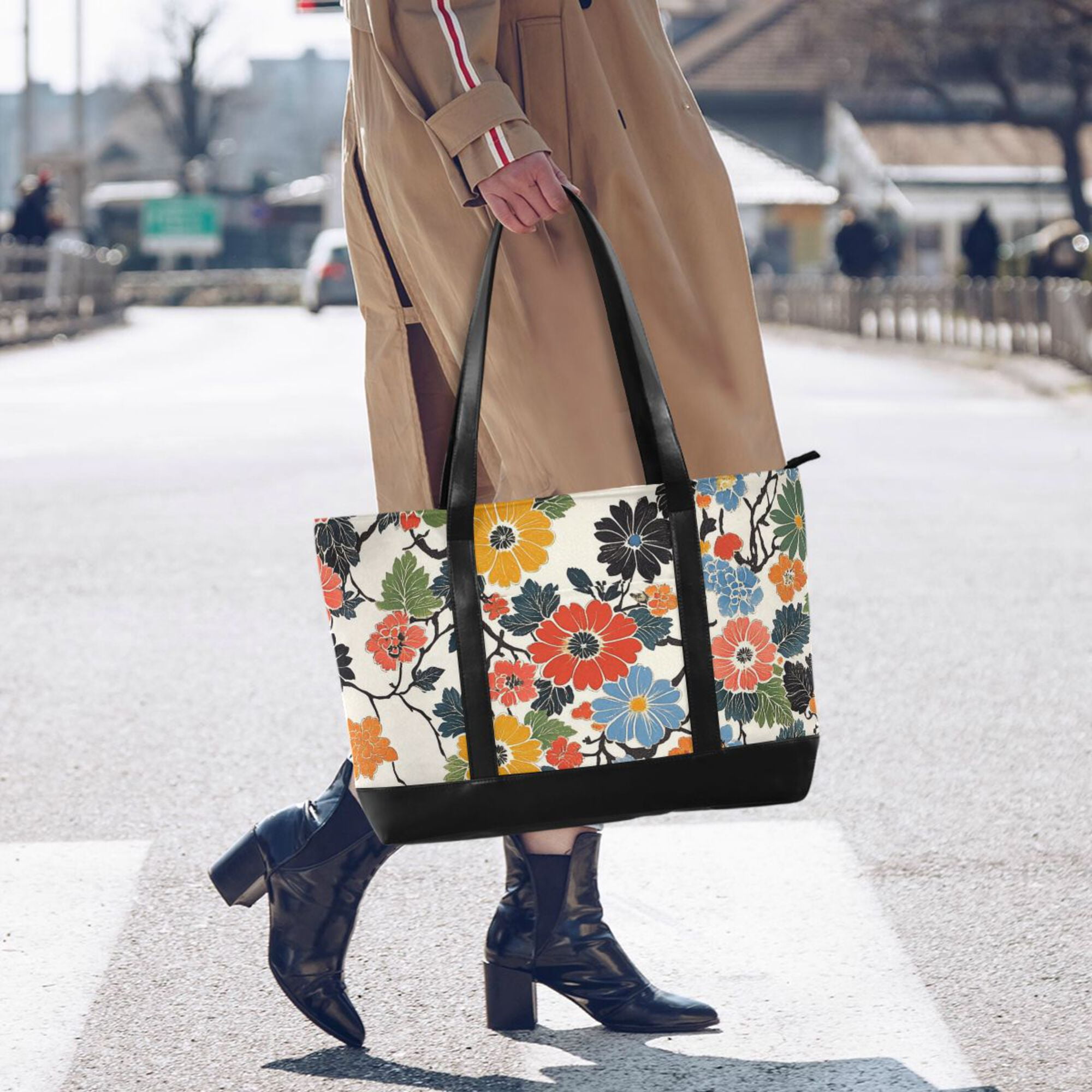 FORMRS Canvas Laptop Tote Bag for Women with 15.6" Computer Compartments Shoulder Handbag, Black Flowers Pattern