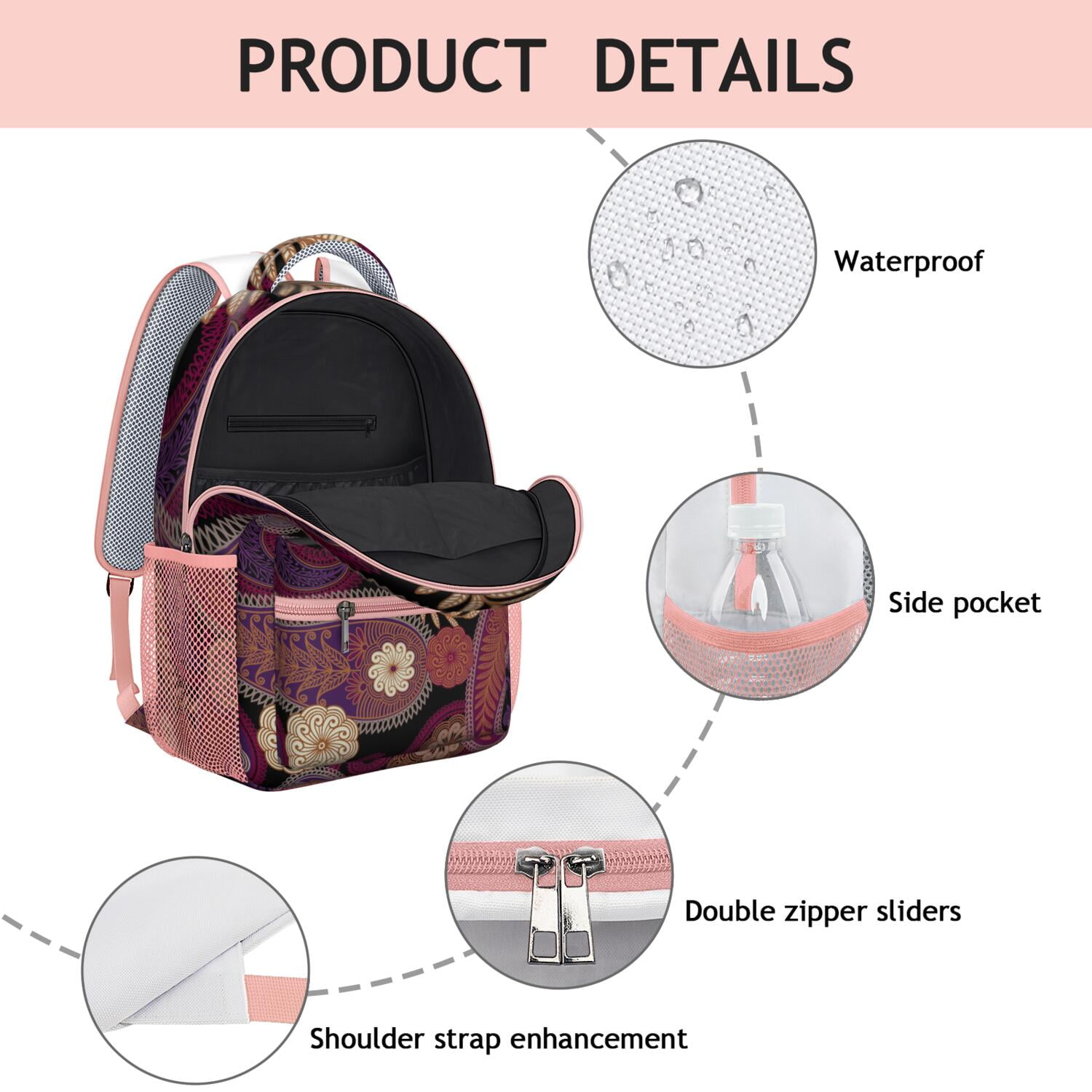 Paisley Boho Vintage Backpack - Waterproof Ergonomic Bookbag with Spacious Compartments for School
