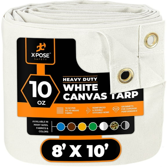 Xpose Safety Canvas Tarp - 10oz White Poly Canvas Tarps Heavy Duty Water Resistant with Brass Grommets- Multipurpose Outdoor Tarpaulin for Camping, Canopy, Trailer, Equipment Cover 8' x 10'