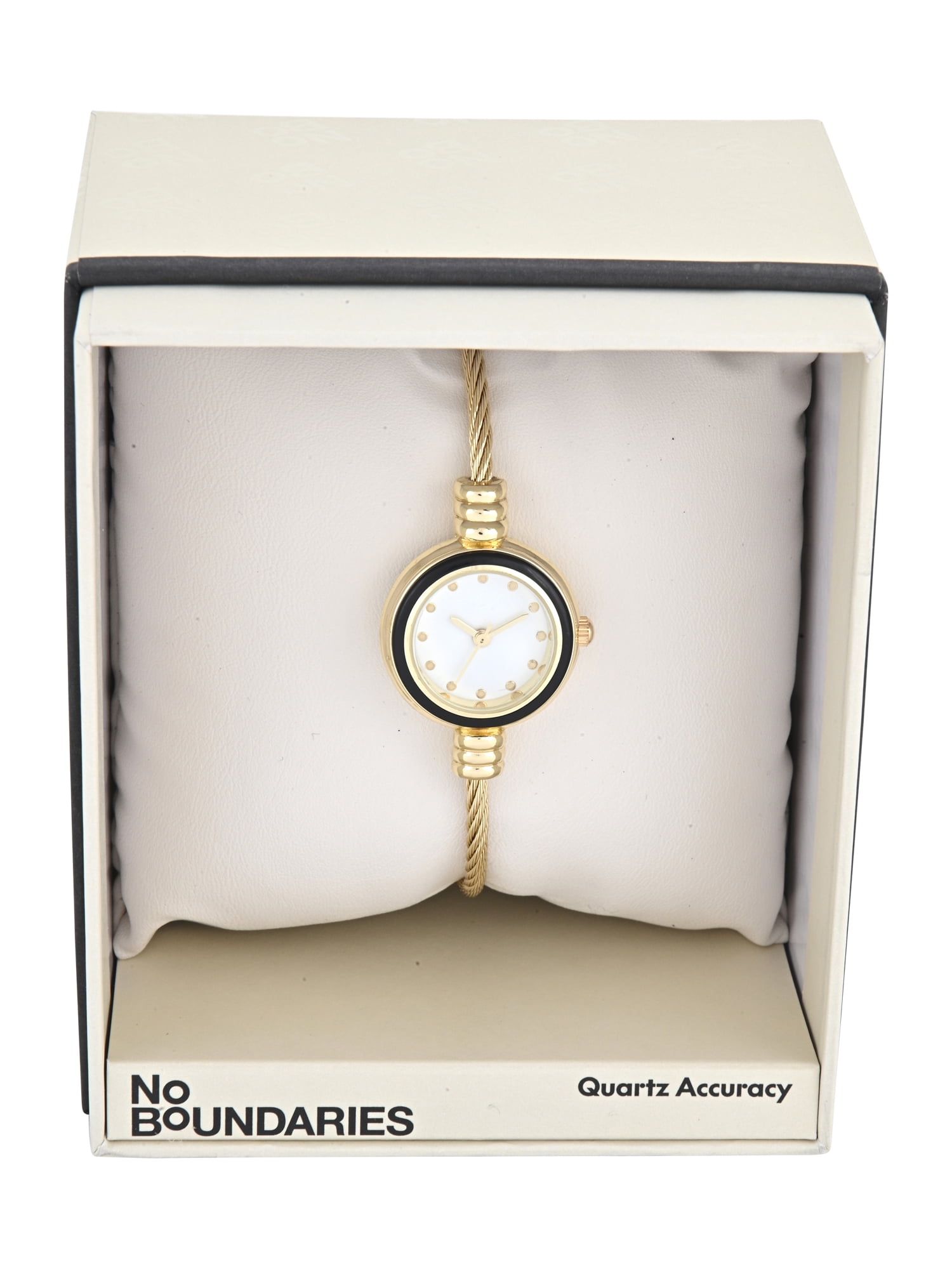No Boundaries Adult Female Goldtone Round Case Watch with Black Enamel Bezel and Cable Bangle Bracelet.