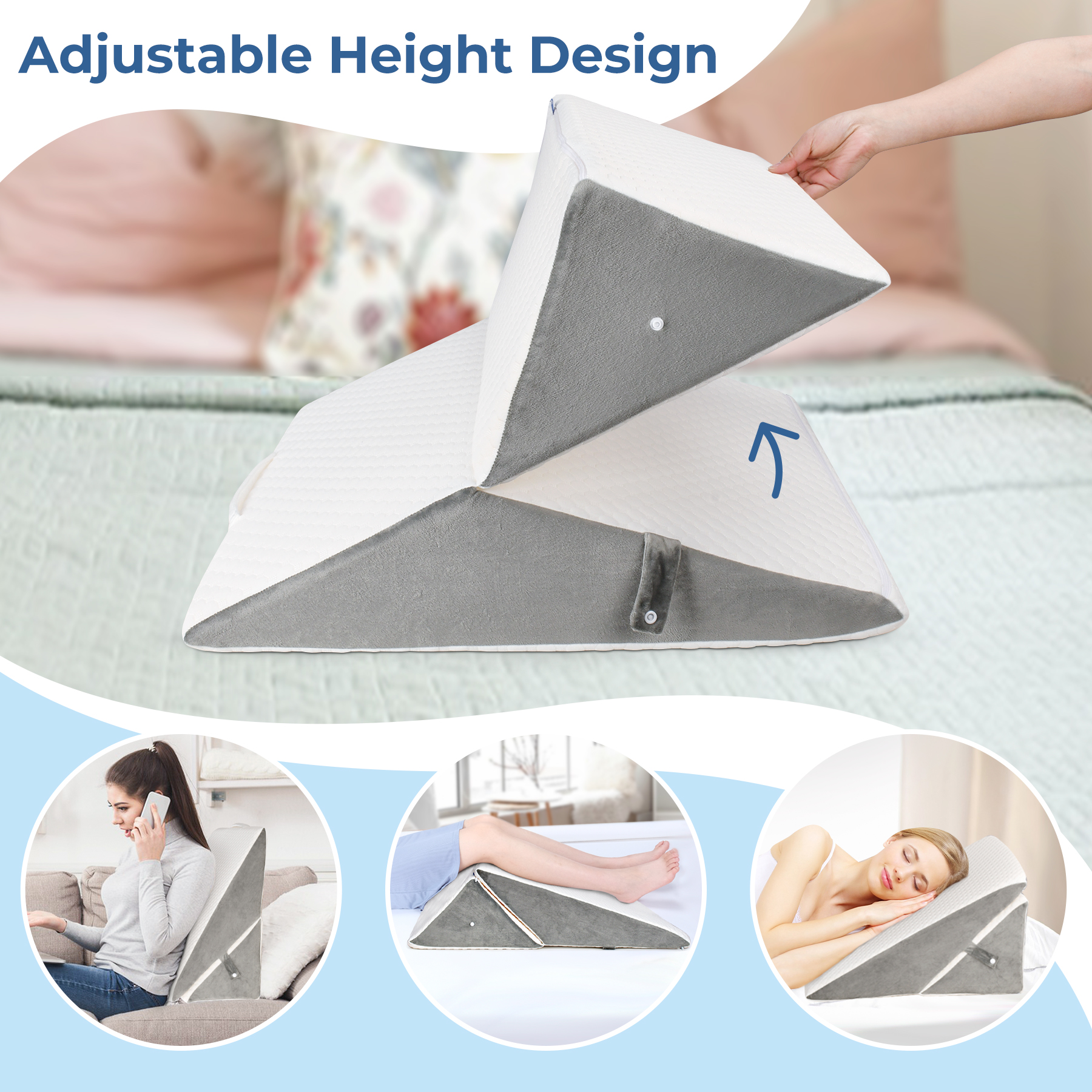 Bed Wedge Pillow, Folding Memory Foam Triangle Pillow for Sleep Apnea, Acid Reflux, Snoring, Leg Elevation, Adjustable Back Support  9&12 Inch for Sitting Up in Bed , Incline Cushion for Sleeping