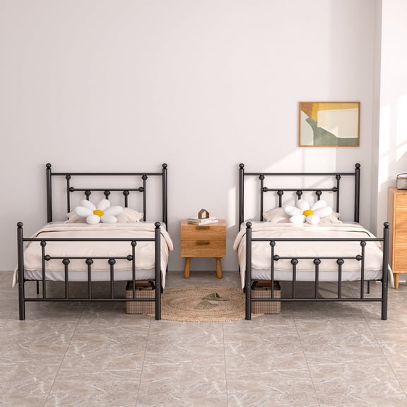 VECELO 2-Piece Twin Metal Bed Frame Bedroom, Heavty Duty Mattress Foundation, No Box Spring Needed, Black