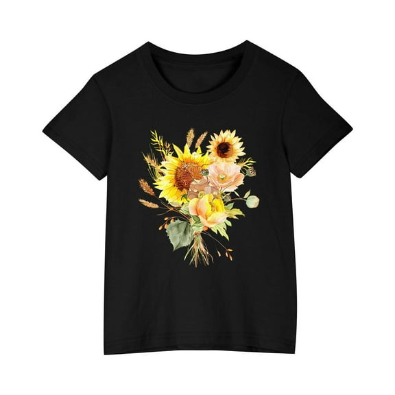 YLSDY Summer T Shirt for Girl's Floral Print Graphic Blouse Crew Neck Short Sleeve Tunic Tops Kids Loose Fit Casual Tee Shirts Black 3 Years