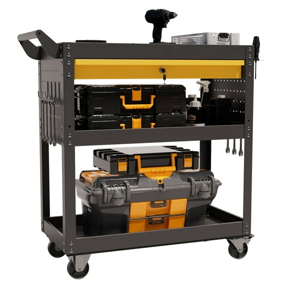 VDEVY 3 Tier Heavy Duty Rolling Tool Cart on Wheels with Drawer & Pegboard, 420Lbs Capacity Mobile Garage Storage Organizer Cart for Mechanics, Workshop