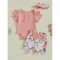 thumbnail image 4 of BemeyourBBs Newborn Baby Girl Summer Outfits Cute Infant Baby Girl Clothes Solid Color Ribbed Knit Short Sleeve Romper Front Bow Floral Cow Print Shorts Set Headband 3Pcs, 4 of 9