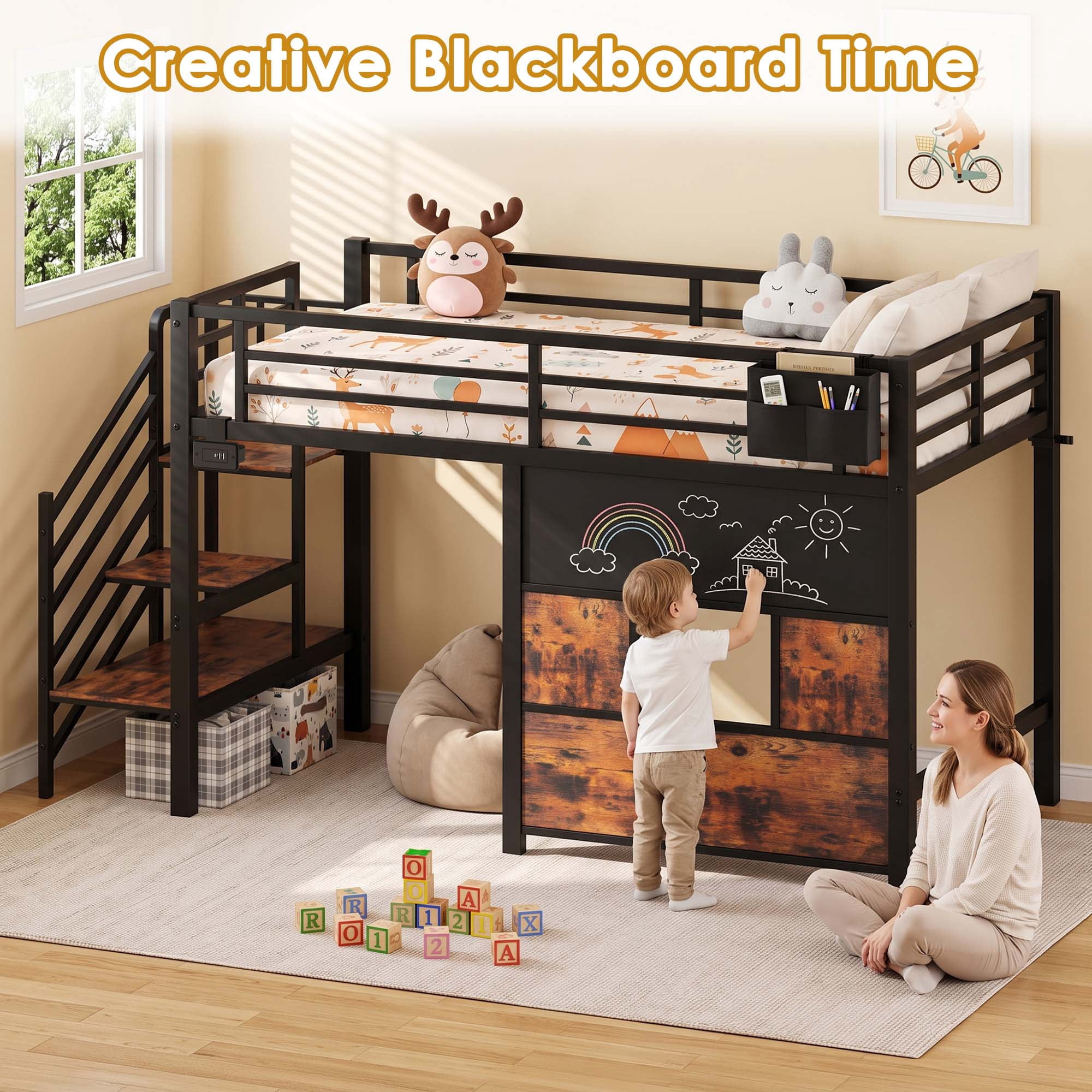 Miniyam Twin Size Metal Low Loft Bed with Storage Stairs and Blackboard,USB Charging, Black