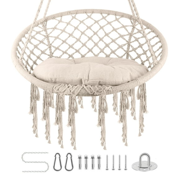 Beige Hanging Swing Hammock Chair, Max 350 Lbs Weight Limit, Great for Outdoor, Patio & Bedroom Retreat