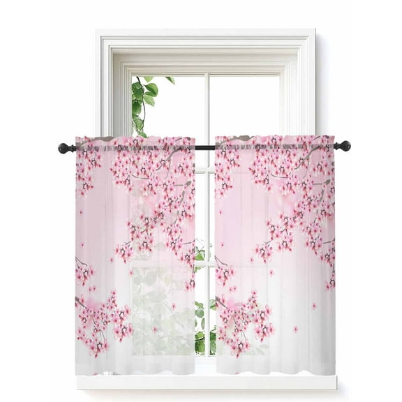 Pink Flowers Tier Curtains 45 Inch Length,Sheer Curtains for Bedroom Living Room,Spring Botanical Floral Branches Gradient Rod Pocket Voile Drapes Kitchen Curtains for Small Window 27.5"x45" 2 Panels