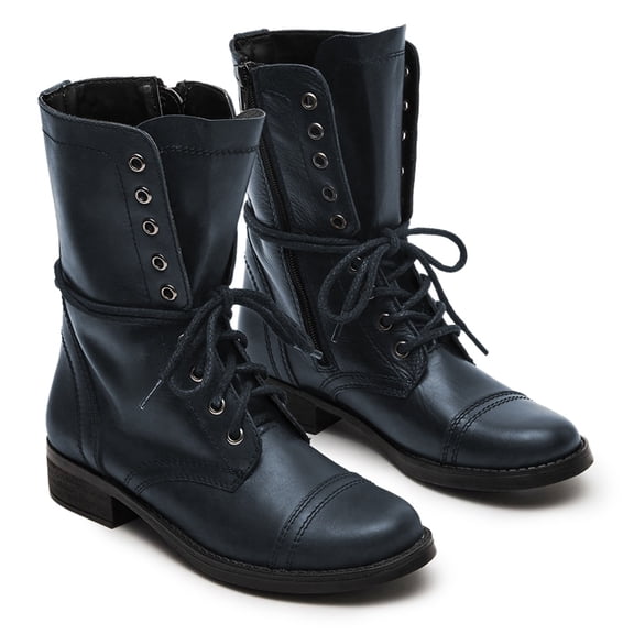 YDN Women Fashion Combat Boots Closed Round Toe Zippers Flats Lace Up Mid Calf Booties Working Outfit Party Shoes Size 7 Blue