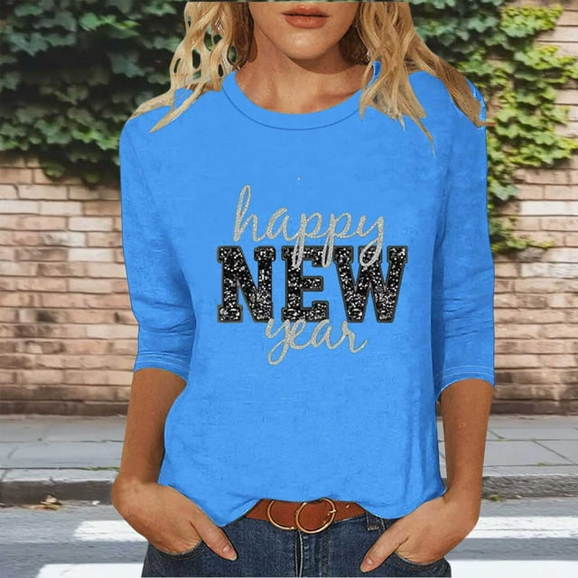 HongQid T-Shirts à Manches 3/4 pour Femmes, Graphiques, Décontractés, Coupe Ample, Col Ras du Cou, T-Shirts Mignons Unis, Tuniques à Manches Trois Quarts