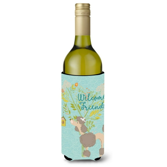 Carolines Treasures BB7612LITERK Welcome Friends Chocolate Poodle Wine Bottle Beverge Insulator Hugger  Wine Bottle