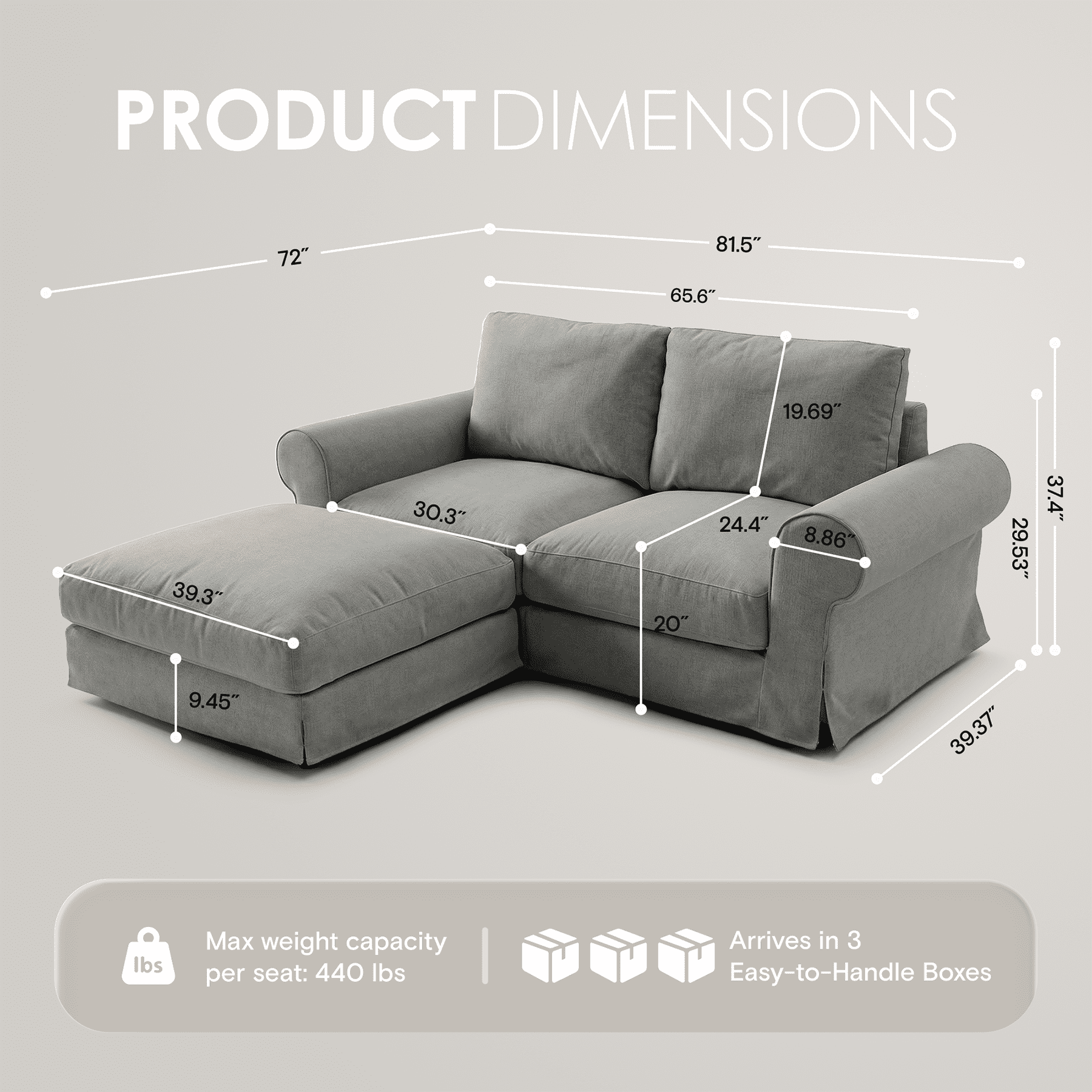 Vorthio 81.9" Oversized Loveseat Cloud Couch with Ottoman, Deep Wide Seat Slipcovered Sofa, Rolled Arms, Washable Fabric, Easy Assembly, Grey