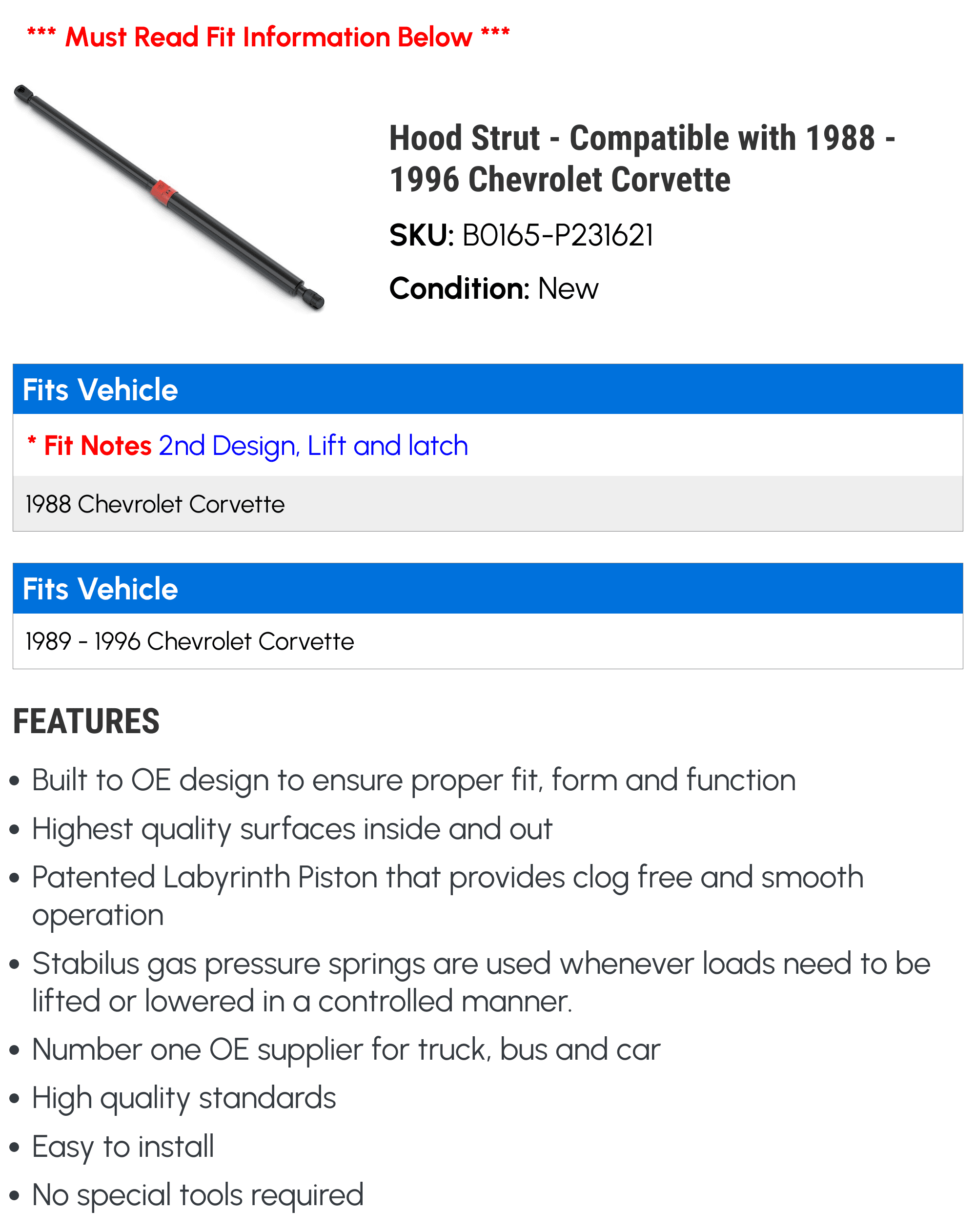 Hood Strut - Compatible with 1988 - 1996 Chevy Corvette 1989 1990 1991 1992 1993 1994 1995