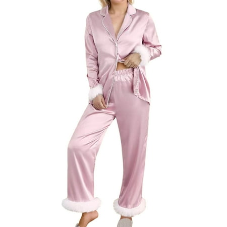 Pavied Satin Pajama Set for Women Lounge Sets for Women Womens Daily Family Clothes Long Sleeve Tops Pants Shirt Trousers Set Womens Pajama Sets 2 Piece Sets for Women Pink M