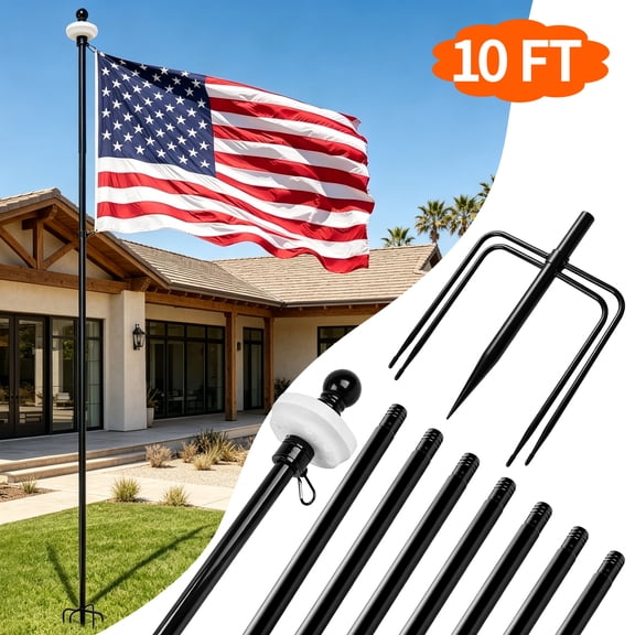 MOJINO 10FT Flag Pole for Outside House with Solar Light, Heavy Duty Flag Pole Kit with 5-Prong Ground Base, Tangle-Free Adjustable Flagpole for Yard Garden