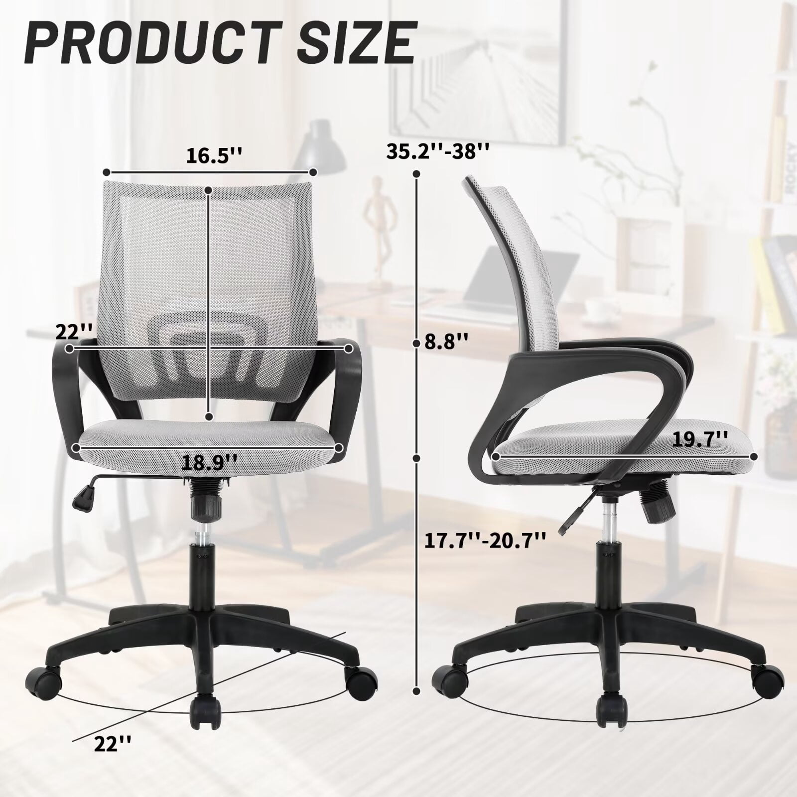 CL.HPAHKL Mesh Office Chair with Wheels, Adjustable Ergonomic Computer Desk Chair with Lumbar Support & Armrest, Comfortable Swivel Rolling Chair for Home Office Work Study, Grey