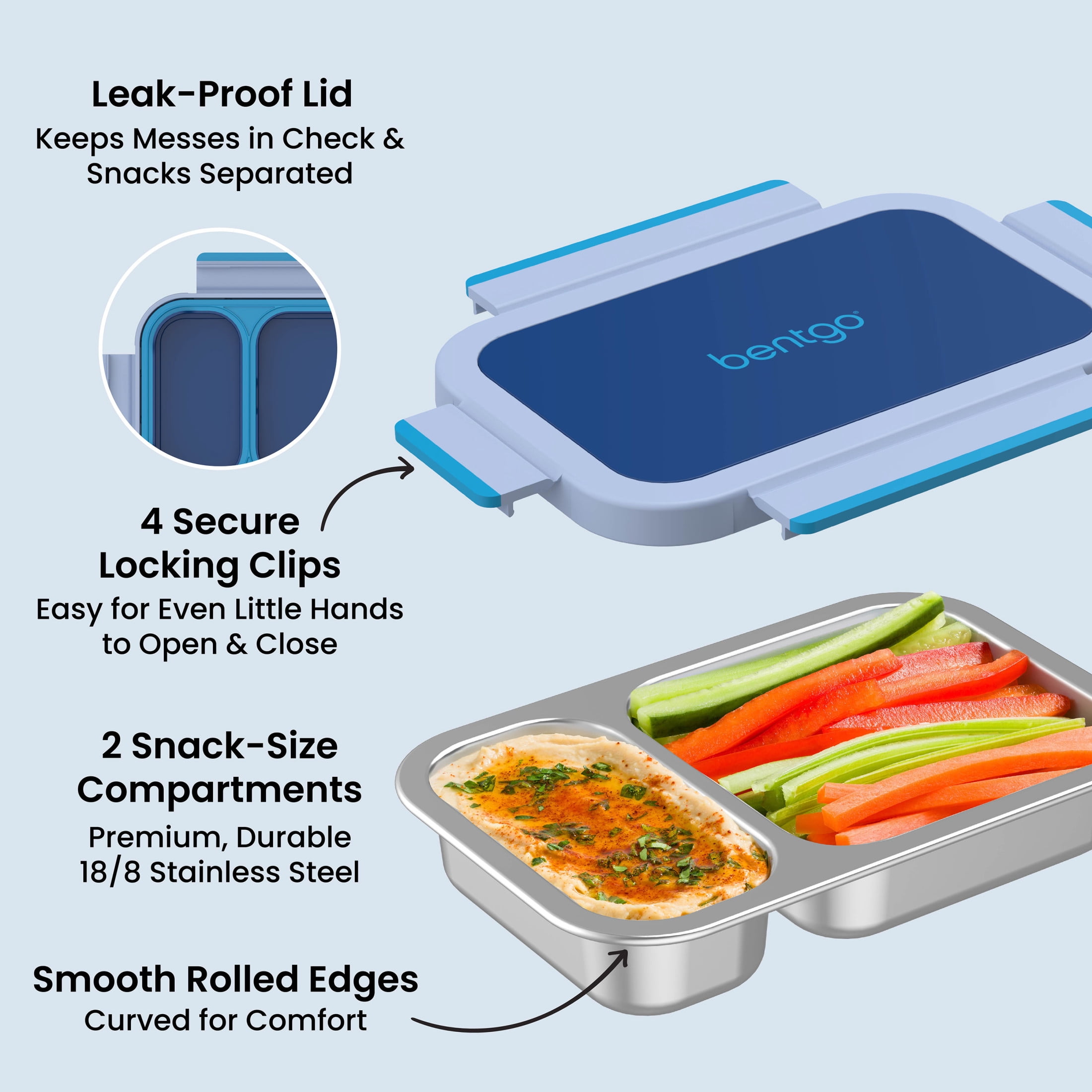 Bentgo Stainless Steel Snack Box - Leak-Proof, 2 Compartments, 2-Cup Capacity, Ideal for Kids 3+, Teens & Adults, Durable, Reusable (Navy)