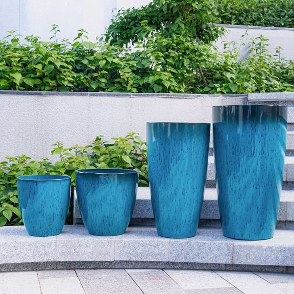 FIASON 4 Pack Large Plastic 24/21/12/10" H Blue Tall Planters,Tall Plant Pots for Outdoor Indoor with Shelf Inset, Glossy Smooth Finish Large Flower Pot with Drainage Holes for Front Porch Patio