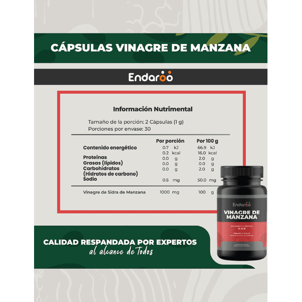 capsulas de vinagre de manzana con l carnitina Vinagre de Manzana con L-Carnitina 60 Cápsulas Endaroo | Pack 2 Frascos Sin  Aditivos
