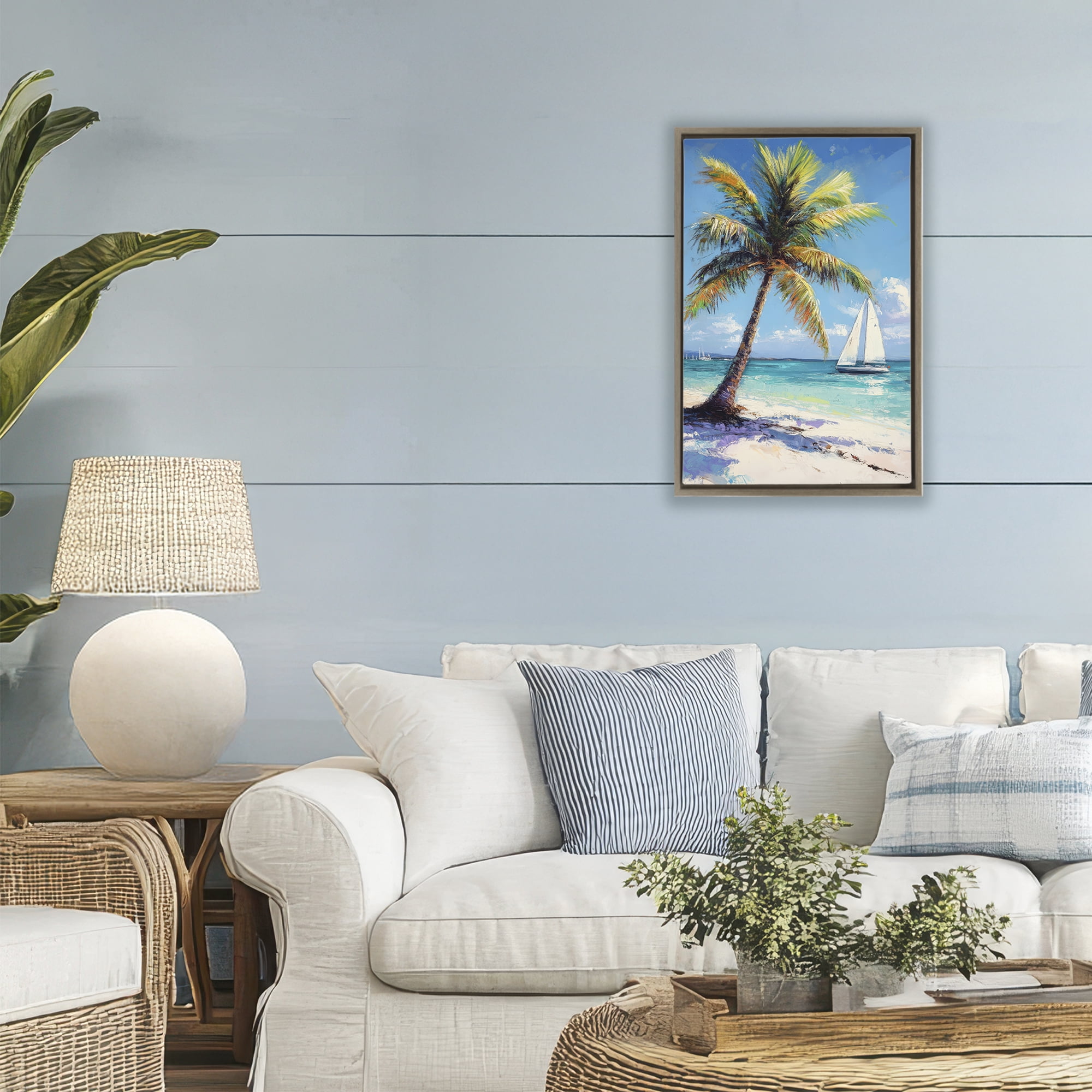 Stupell Industries Palms & Sails Beach View Brown Framed Floater Canvas Wall Art, design by Petal Prints Design