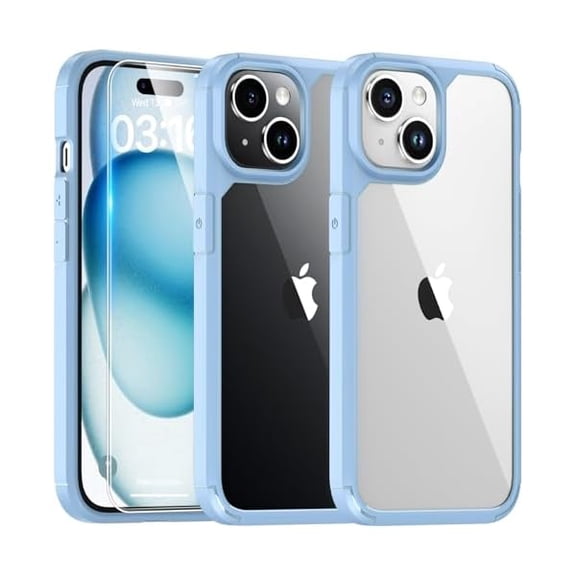 lulufa 3 in 1 Designed for iPhone 15 Case, [Not-Yellowing] with 2X Screen Protector, [Military Grade Drop Protection] Shockproof Slim Case for iPhone 15, Light Blue