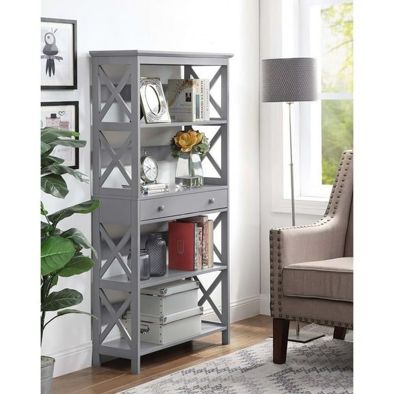 Convenience Concepts Oxford Five-Tier Bookcase with Drawer in Gray Wood Finish