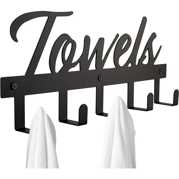 HELLOYOUNG Wall Mounted Bathroom Towel Rack with Hooks, Heavy Duty Matte Black Iron Towel Holder for Bathroom Living Room Home Decor
