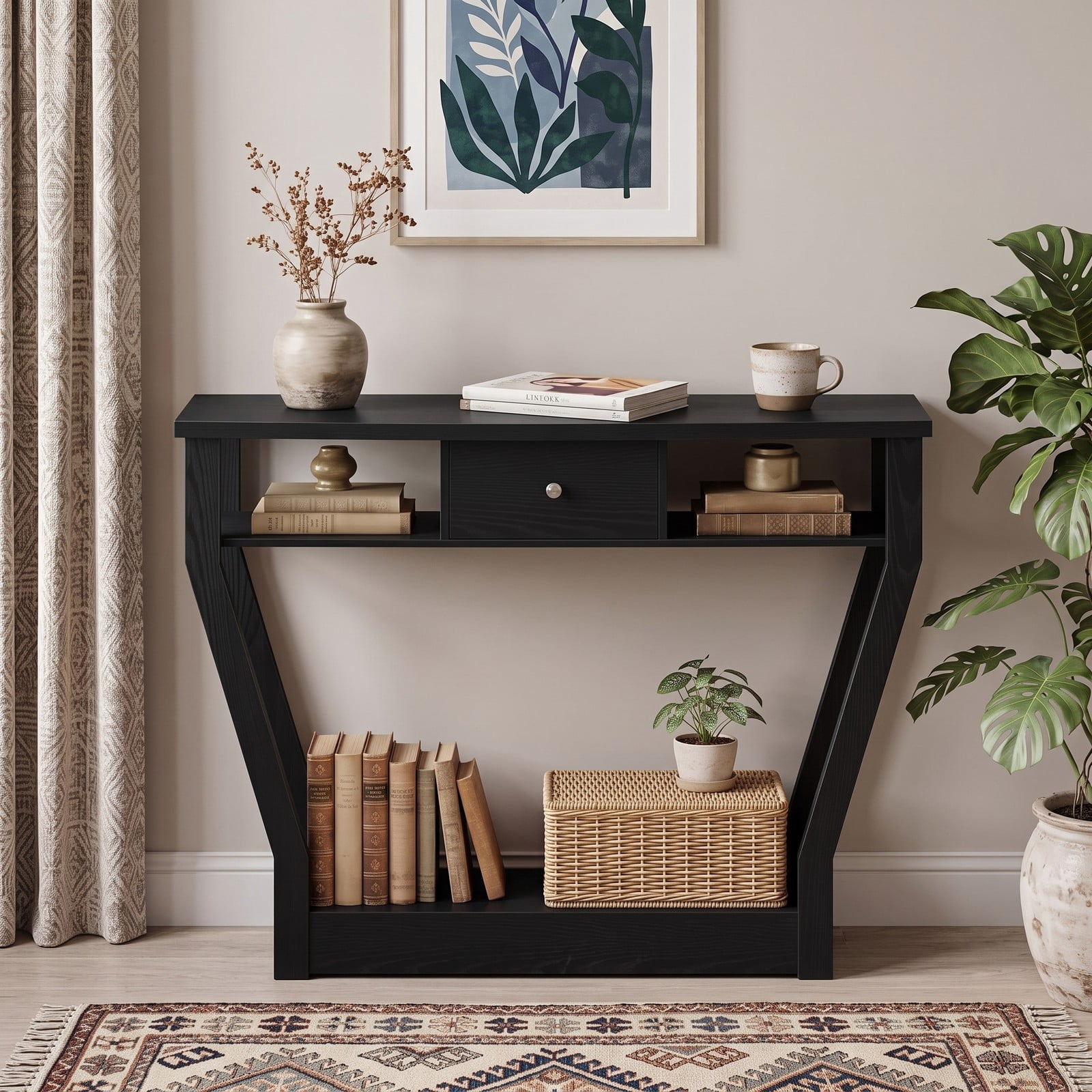 Furnibear Curved Frame Console Table with Storage Drawer and Open Shelves and Angled Legs for Entryway and Hallway, Black