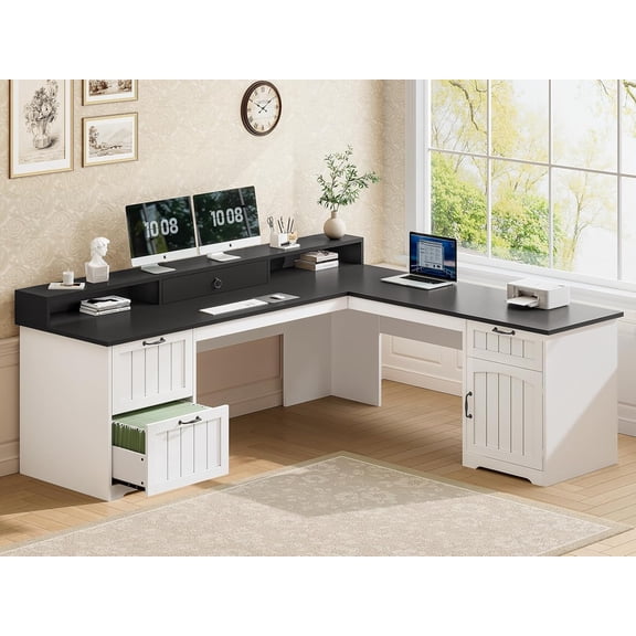 Farmhouse 63" L Shaped Computer Desk with 4 Drawers and Storage Cabinet, Corner Office Desk with Monitor Stand