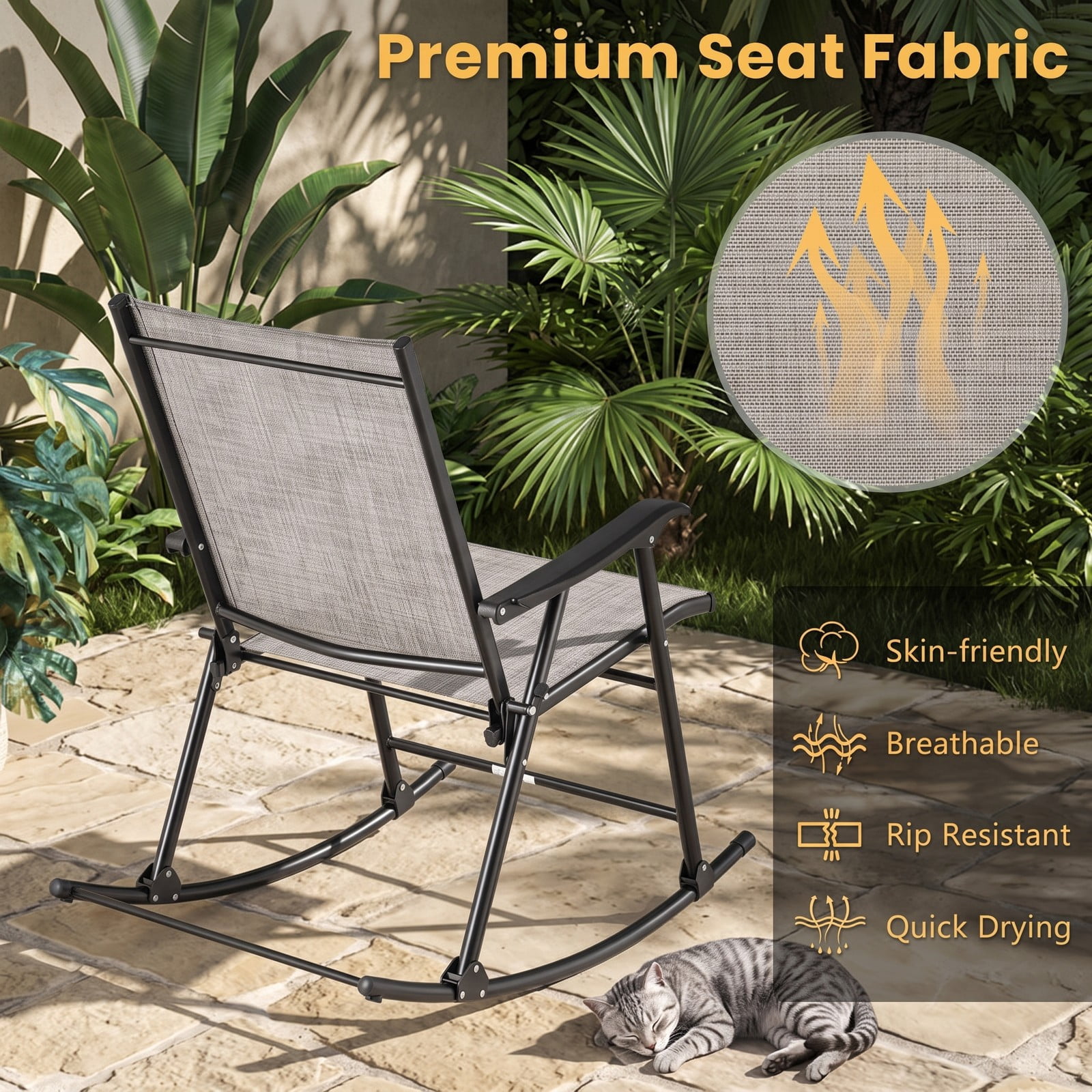 Furnibear Folding Rocking Chairs Set of 2 with Breathable Sling Seat and Heavy-Duty Metal Frame for Patio, Porch and Poolside, Brown