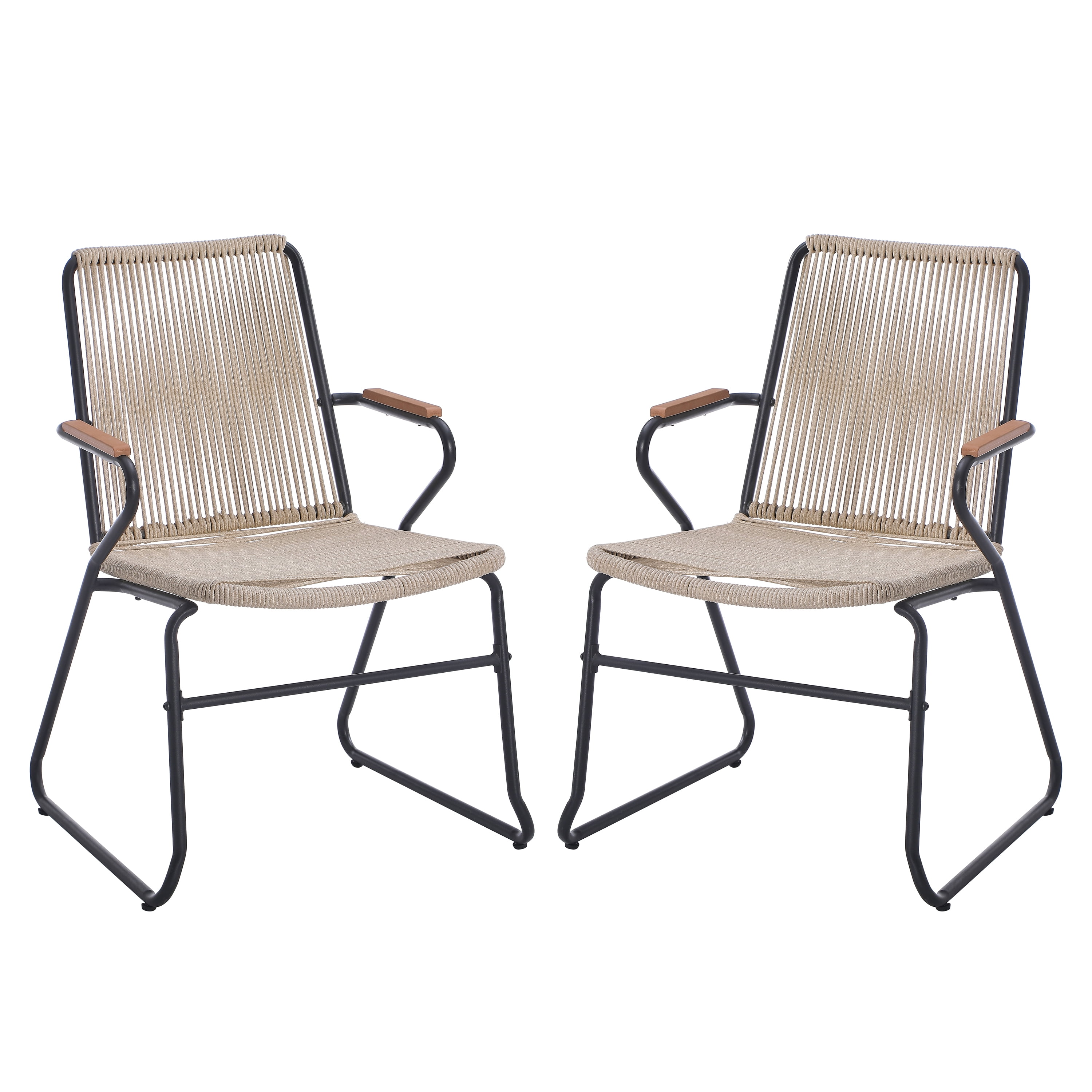 Outdoor Rope Weave Iron Frame Dining Chairs Set of 2 for Patio Garden, Light Brown