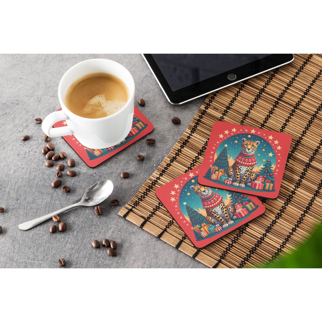 Cheetah Christmas Foam Coaster Set of 4 3.5 in x 3.5 in