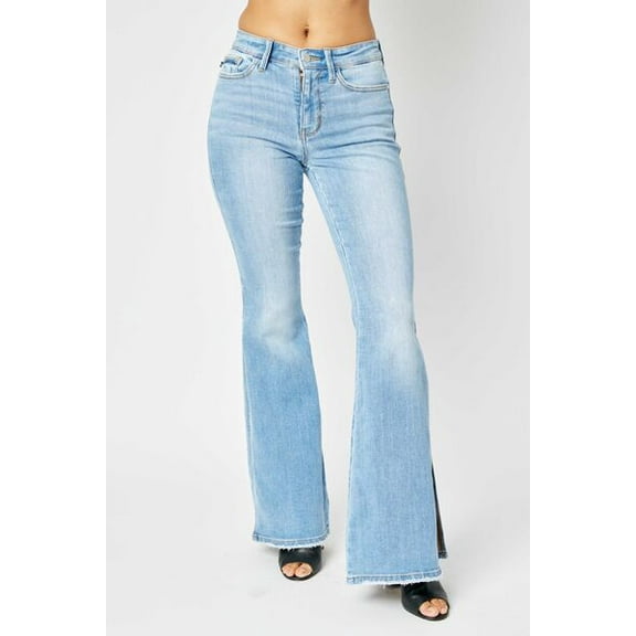 Judy Blue Full Size Mid Rise Raw Hem Slit Flare Jeans
