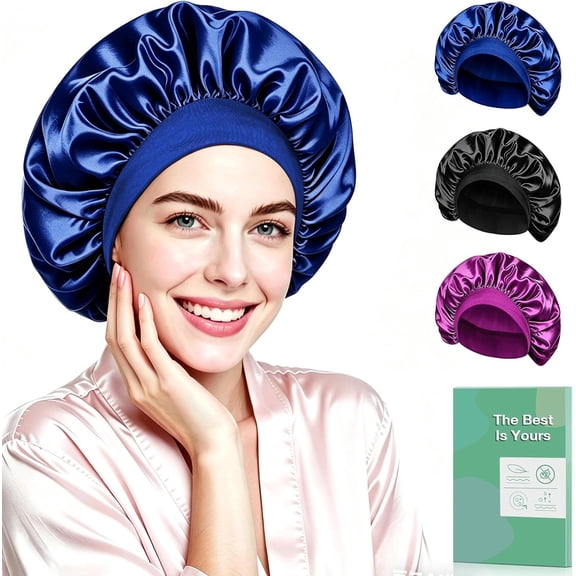 3 Pack Satin Silk Bonnet for Sleeping – Large Wide Soft Adjustable Hair Bonnet for Women, Sleep Cap for Curly Hair & Braids（Purple, Blue, Black）