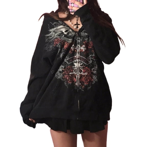 FASHOFT Zip up Jackets for Women Y2k Grunge Zipper Hoodie Women Oversized Emo Goth 2000s Graphic Baggy Sweatshirts Streetwear Black L