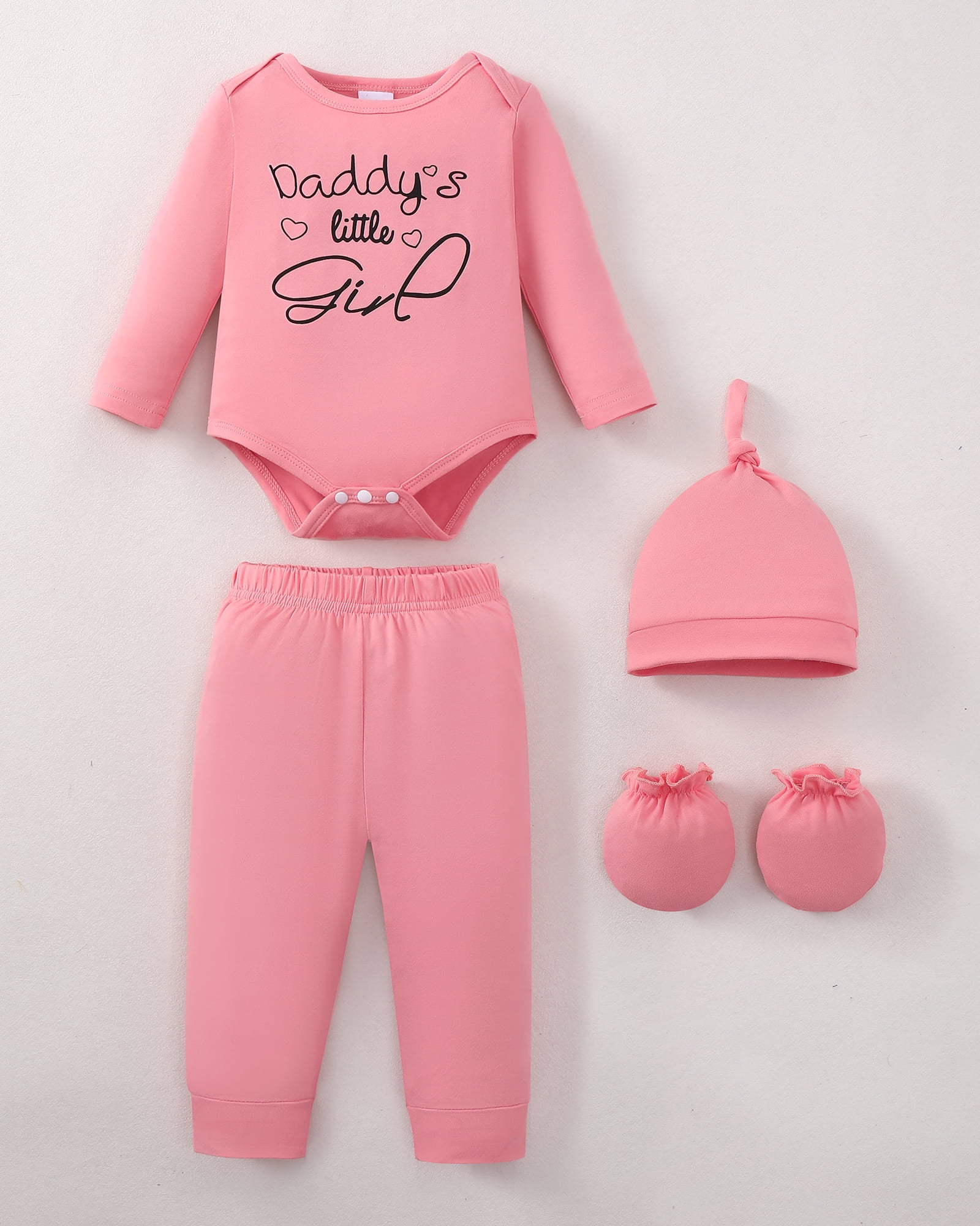 KIMI BEAR Newborn Baby Girls Layette Set 4 Packs Shower Gifts Essential Clothing Short Sleeves Long Sleeves Romper Top Pants and Bodysuit with Hats and Gloves 15pcs Clothes Pink NB