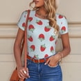 thumbnail image 6 of KLL Women 's Crew Neck Bodysuit Jumpsuits Hand Drawn Strawberry Print Short onesies Stretch T Shirts, 6 of 7
