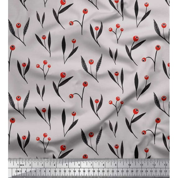Soimoi Gray Cotton Duck Fabric Red Berries & Leaves Print Fabric by the Yard 56 Inch Wide