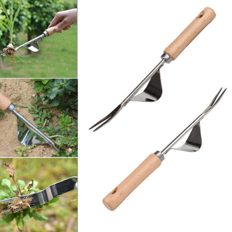Home Weeder Fork Stainless Steel Hand Wood Handle Digging Puller Weeding Tool 