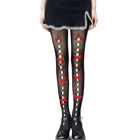 

lizyue Women Lolita Pantyhose Ultrathin Great Elasticity Lace Hollow Out Bow-knot Decor Cosplay Slim See-through Club Pantyhose Stage Show Garment