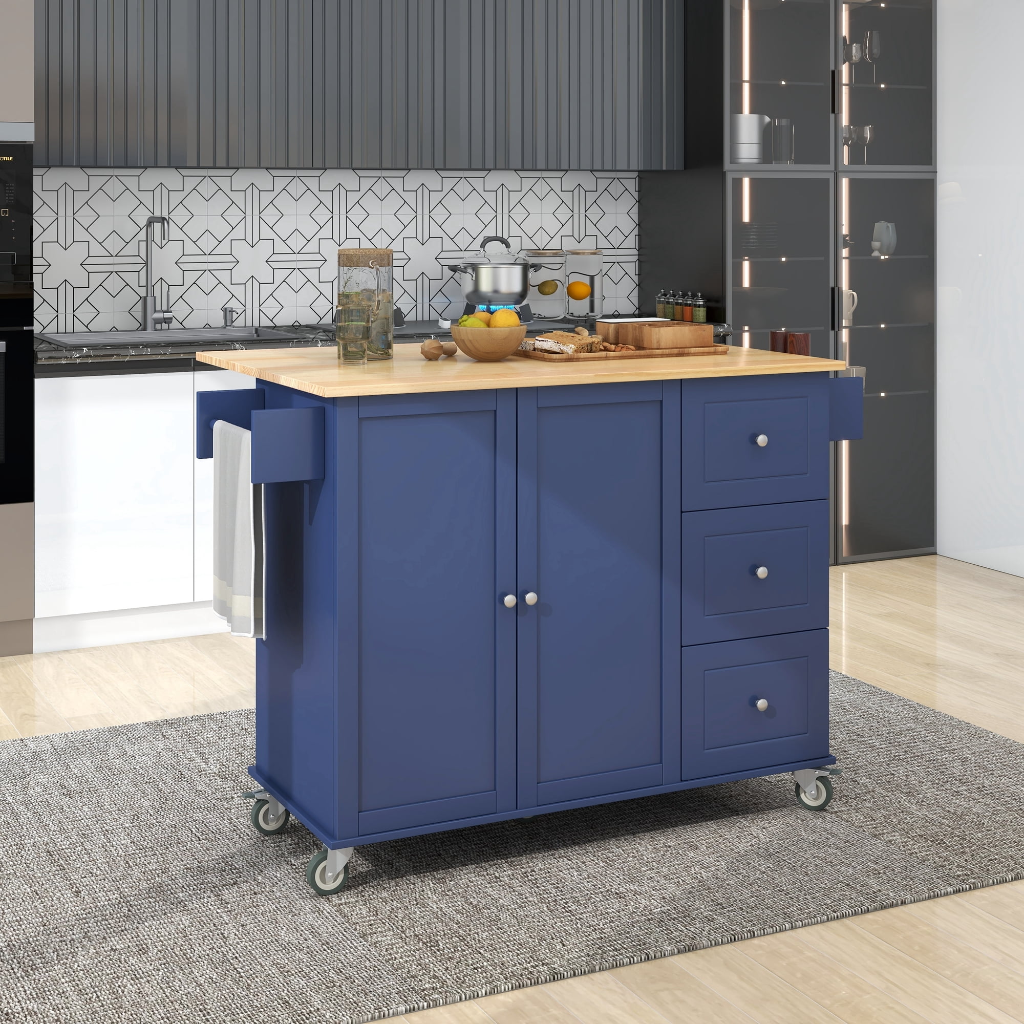 DEALTOPS Rolling Kitchen Islands with Storage Cabinets, Solid Wood Blue, 52.76 in