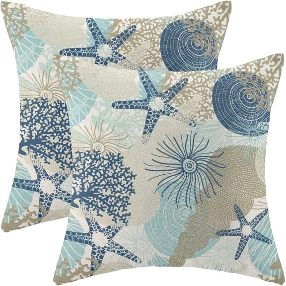 Summer Pillow Covers 18x18 Set of 2, Beach Seashell Coral Starfish Decorative Coastal Throw Pillows Linen Ocean Themed Farmhouse Cushion Outdoor Pillow Covers for Sofa Couch Outdoor Decor