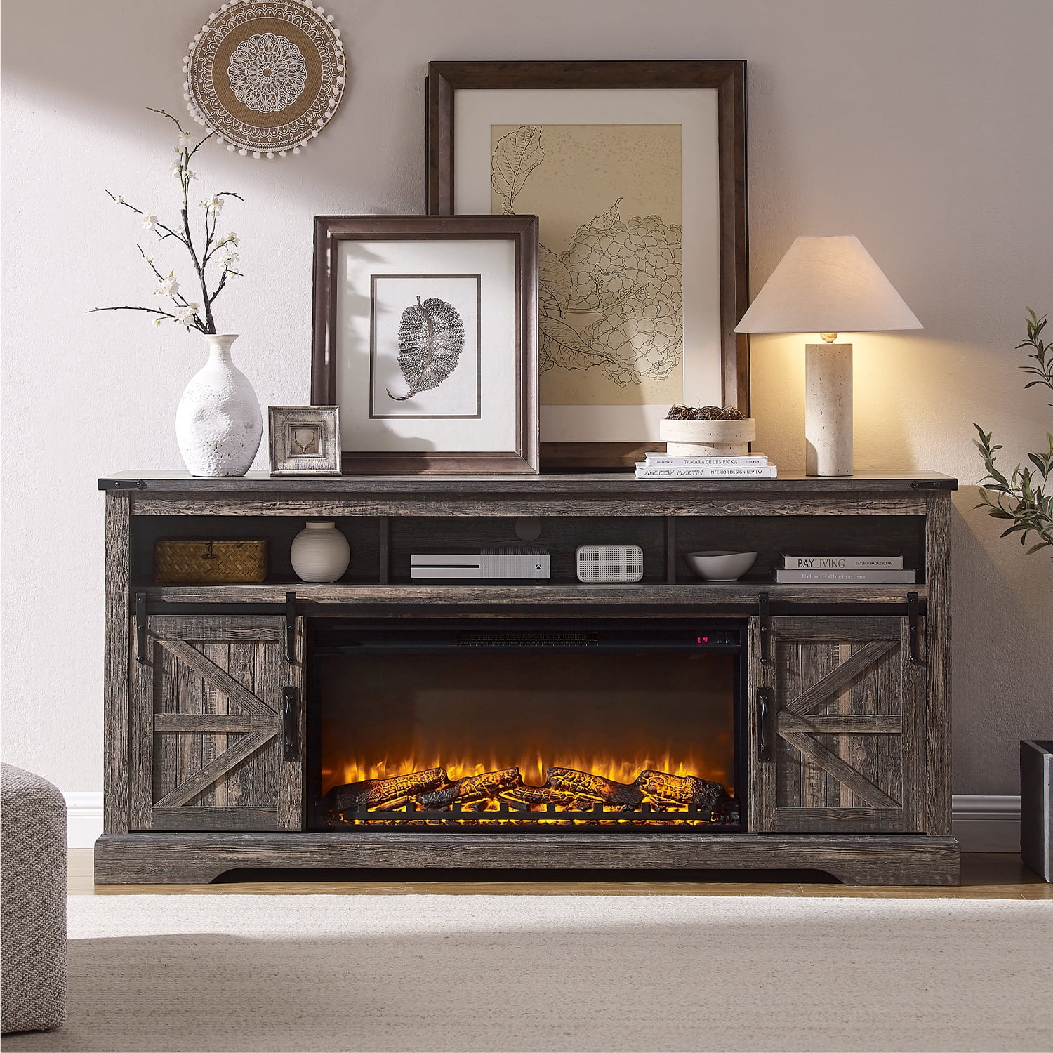 KeyWhat Farmhouse Fireplace TV Stand for TVs up to 80", 37" Electric Fireplace & Barn Door