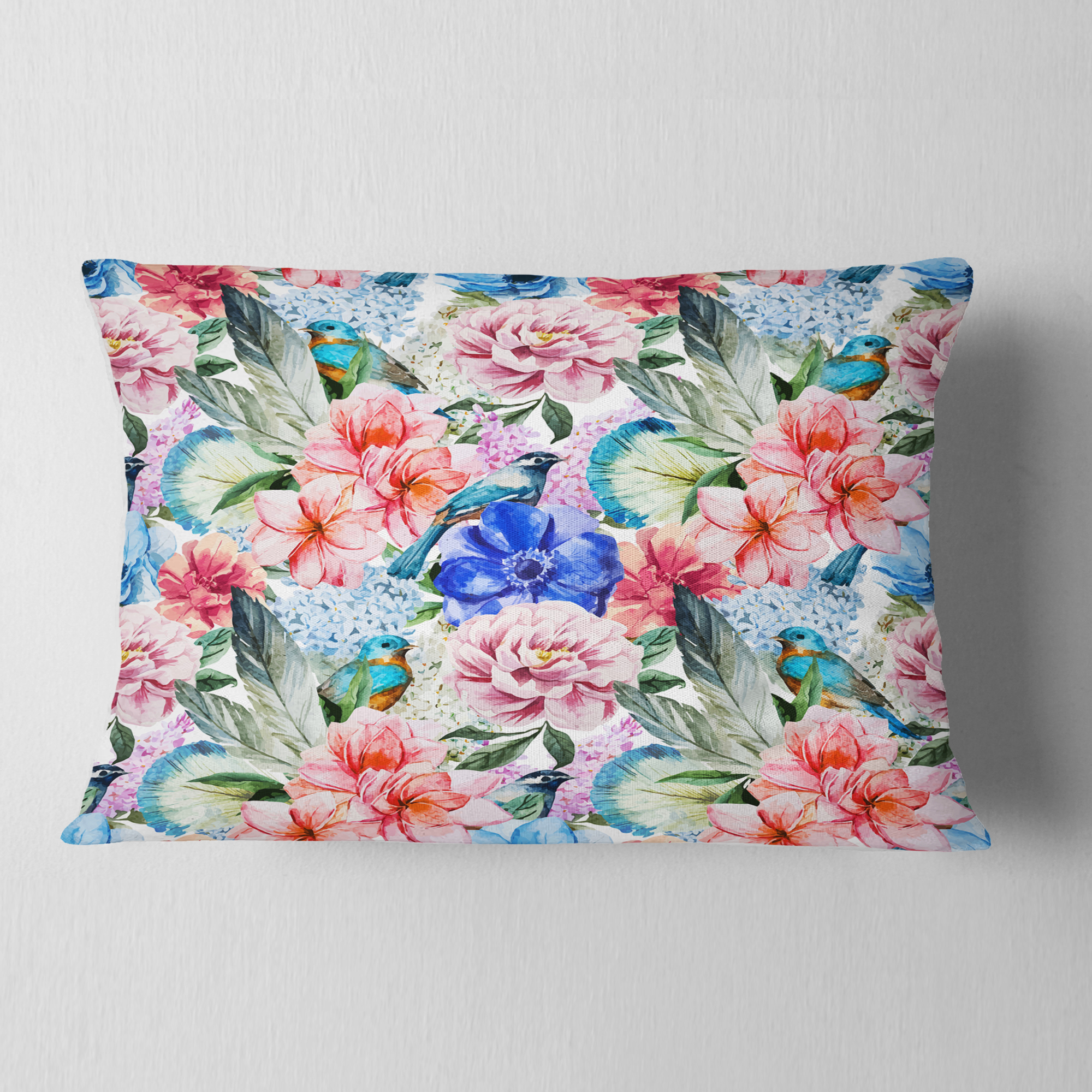 Designart Colorful Flowers and Birds Watercolor - Flower Throw Pillow - 12x20